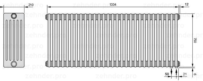 Схема (чертеж) Радиатор Zehnder Charleston 6075/29 №5510 Белый глянцевый RAL 9016